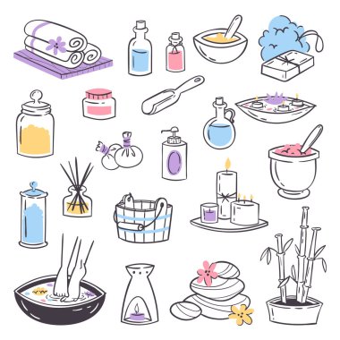 Spa Masaj Terapisi kozmetik tedaviler simgeler güzellik masaj rahatlama bitkisel elle çizilmiş doğal Terapi Sağlık vektör çizim