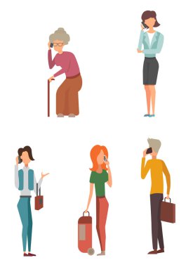 Telefon aygıtları ile modaya uygun düz insanlar Merhaba teknoloji teknoloji vektör çizim kullanarak karakter grubu.