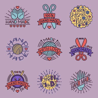 El yapımı iğne işi craft dikiş moda terzi el sanatları öğeleri vektör çizim terzilik rozetleri.