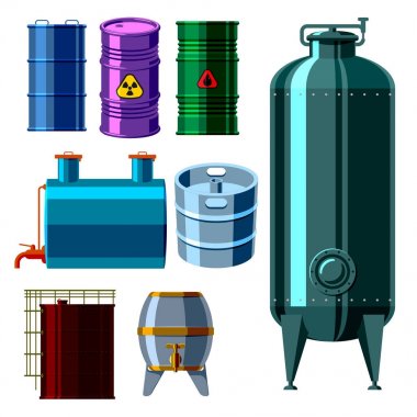 Petrol davul konteyner yakıt varil satır Çelik varil kapasiteli doğal metal eski bağırsakları kimyasal gemi vektör çizim tankları