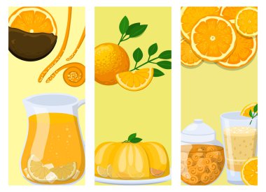 Portakal kartları turuncu ürünleri illüstrasyon doğal narenciye meyve sulu tropikal tatlı güzellik organik meyve suyu sağlıklı yemek vektör.