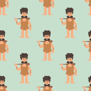 Mağara adamı ilkel Taş Devri çizgi film Neandertal Dikişsiz desen arka plan insanlar evrim vektör çizim karakter.