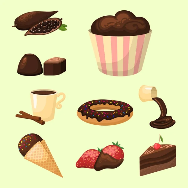 Cioccolato vari dolci gustosi e caramelle dolce marrone delizioso zucchero gourmet cacao snack vettore illustrazione — Vettoriale Stock