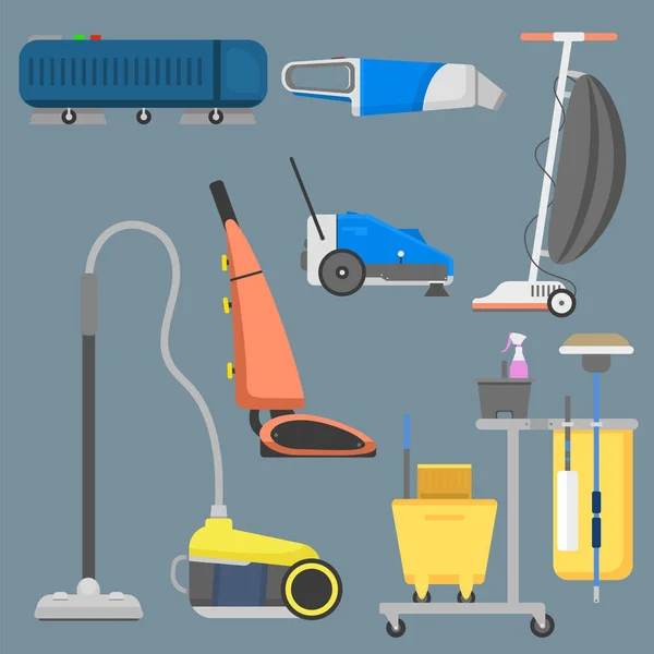 Profesjonalne czyszczenie sprzętu na białym tle usługa sprzątania próżniowego oczyszczania domu wektor wyposażenie domowych narzędzi do czyszczenia. — Wektor stockowy