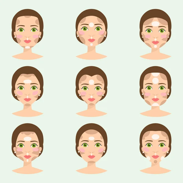 Conjunto de diferentes tipos de cara mujer vector ilustración carácter formas niña maquillaje hermosa hembra — Archivo Imágenes Vectoriales