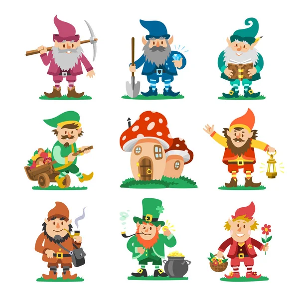 Märchen fantastische gnome zwerg elf figur stellt magische Kobold niedlich märchen mann vektor illustration — Stockvektor