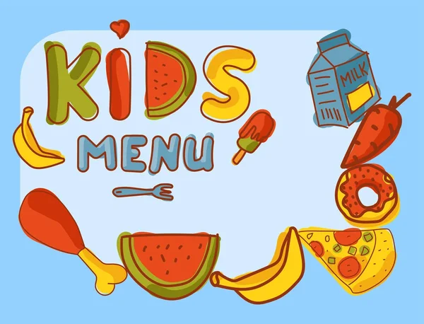 Kinder Bio-Menü Hand gezeichnet Banner Vektor Cartoon niedlich Etikett Kochen Restaurant gesunde frische Lebensmittel. — Stockvektor