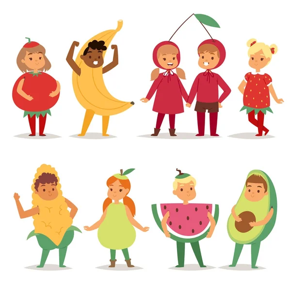 Desenhos animados crianças frutas traje festivo meninos e meninas fantasia vestido criança festa personagens vetor ilustração . —  Vetores de Stock