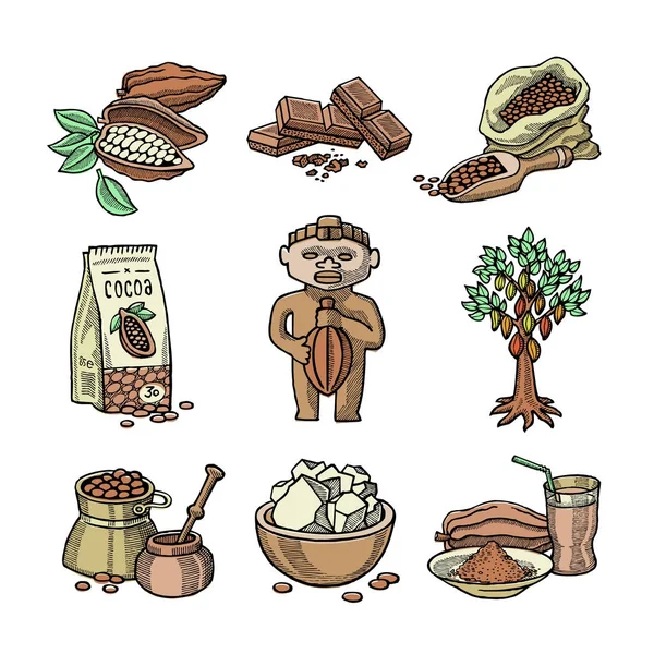 Vetor produtos de cacau plantação esboço artesanal ícones chocolate cacau produção doce ilustração . —  Vetores de Stock
