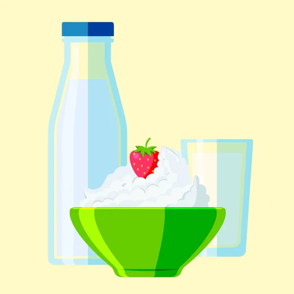 Milchprodukte Bio-Getränkeflasche gesunde Sahnemilchprodukte Ernährung Bauernhof Kalzium Frühstücksvektor Illustration. — Stockvektor