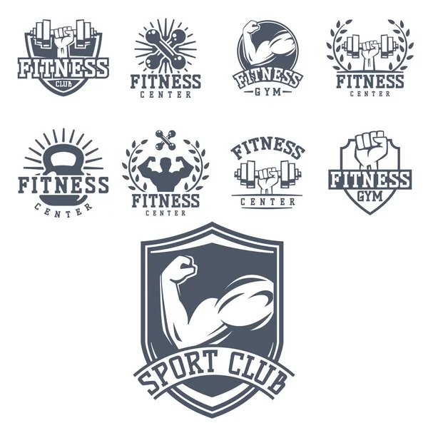 Diseño de emblema de fitness monocromático elemento gimnasio club deportivo fuerte equipo silueta vector ilustración . — Vector de stock