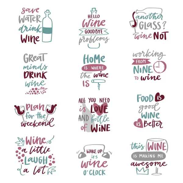 Vino amor alcohol bebida frases letras texto frases mano dibujado logo insignia vector ilustración — Vector de stock