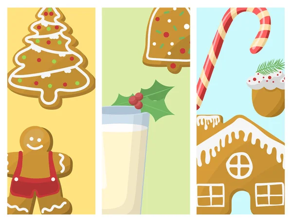 Παραδοσιακό χριστουγεννιάτικο φαγητό κάρτες επιδόρπια διακοπές διακόσμηση Χριστούγεννα γλυκιά γιορτή γεύμα διανυσματικά εικονογράφηση. — Διανυσματικό Αρχείο