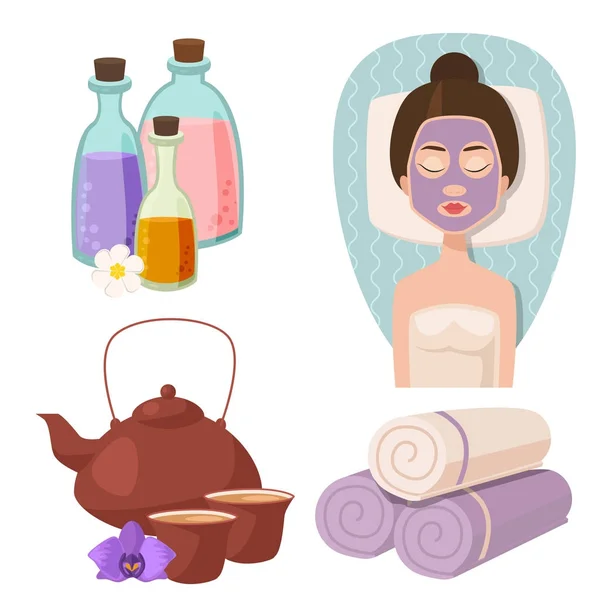 Illustrations vectorielles de soins spa femme belle, procédures de beauté icônes de bien-être . — Image vectorielle