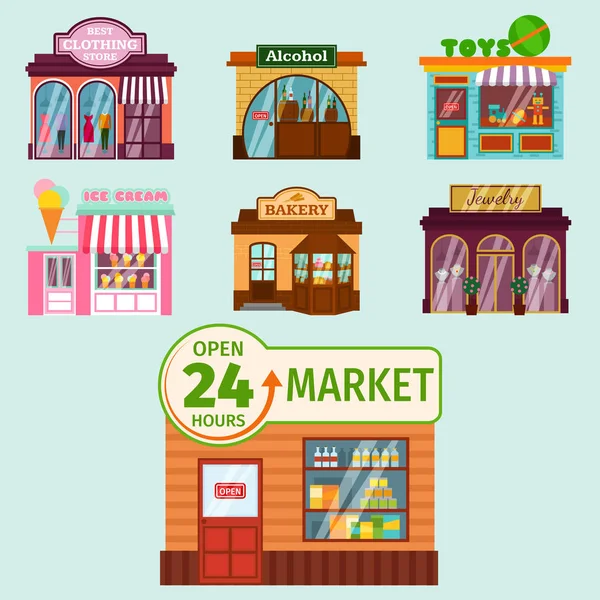 Vector flat design restaurant shops facade storefront market building architecture showcase window illustration. — Stock Vector