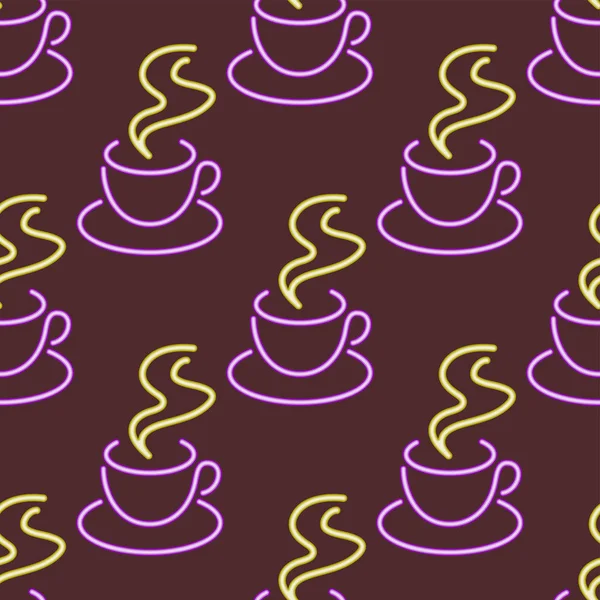 Luce al neon tazze di caffè senza soluzione di continuità modello sfondo vettore illustrazione font decorativi simboli notte oggetti luminosi . — Vettoriale Stock