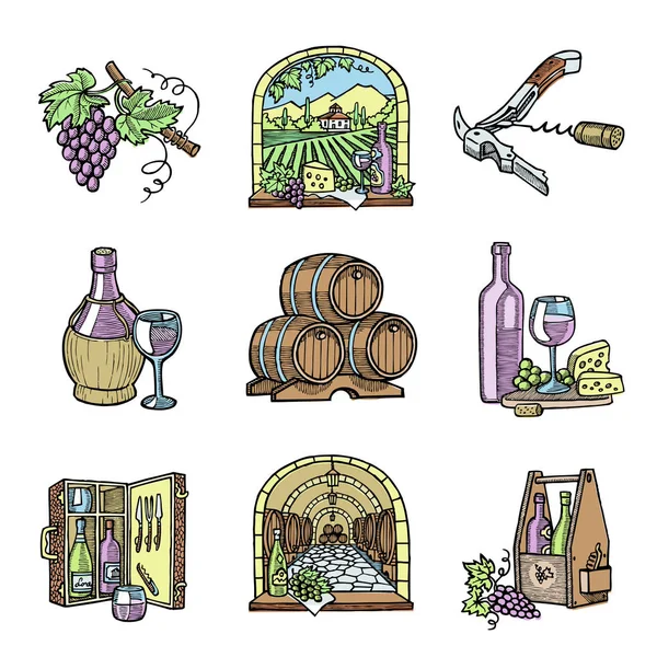 Wijn productie kelder winery wijnbouw winey product alcohol boerderij druif vintage hand getrokken vectorillustratie. — Stockvector