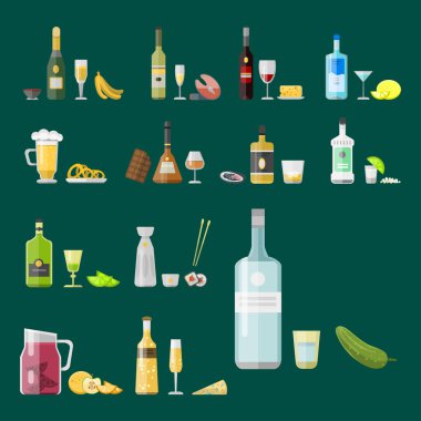 Alkol içki içecekler kokteyl meze şişe bira konteyner sarhoş farklı atıştırmalıklar gözlük vektör çizim.