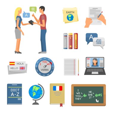 Eğitim programları diller uzaktan eğitim online eğitim için vektör çizim simgeler