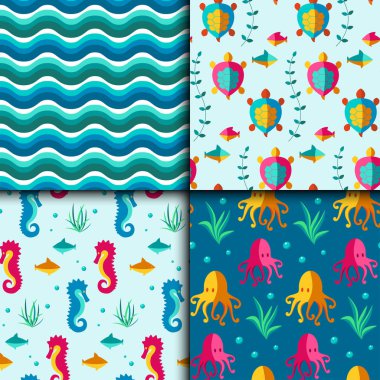 Sorunsuz vektör desen deniz unsurları ile deniz koleksiyonu kağıt deniz arka plan dalga