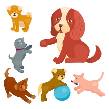 Vektör çizim şirin oynayan karakterler komik safkan köpek komik mutlu memeli cins köpekler