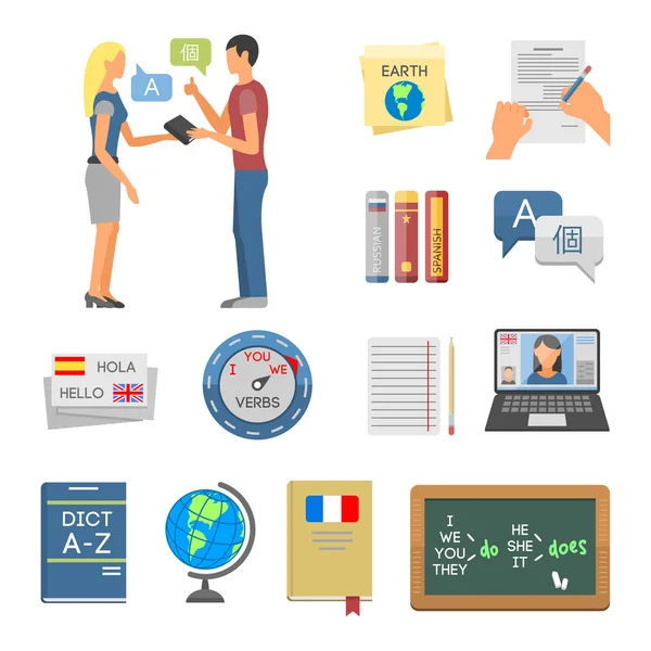 Illustration vectorielle icônes pour les programmes éducatifs langues enseignement à distance apprentissage en ligne — Image vectorielle