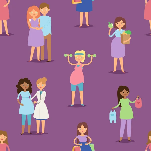 Embarazo maternidad niña embarazada mujer carácter patrón sin vida fondo vector ilustración — Vector de stock