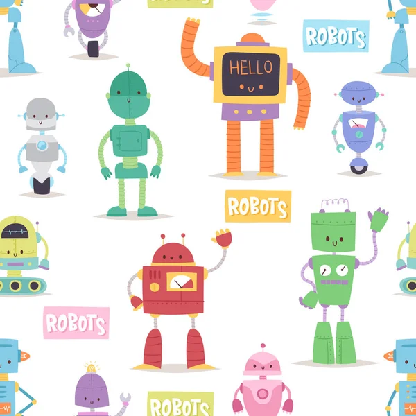 Robots y transformadores androides dibujos animados juguetes carácter robótica máquina cyborg vector sin costuras patrón de fondo — Vector de stock