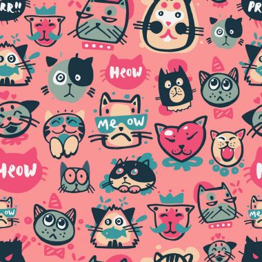 Şirin hipster kedi yüzler kitty evde beslenen hayvan baş avatar duygu simgeleri Dikişsiz desen arka plan vektör çizim