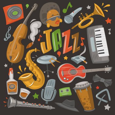 Caz müzik aletleri araçları simgeler jazzband piyano, saksofon müzik ses vektör çizim