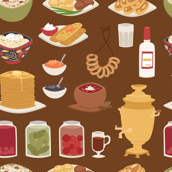 Hagyományos orosz ételeket kultúra étel tanfolyam élelmiszer varrat nélküli mintát háttér vektor illusztráció — Stock Vector