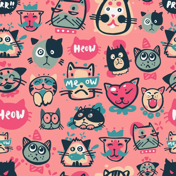 Cute hipster cat faces kitty pet head avatar emotion icons seamless pattern background vector illustration — Stock Vector