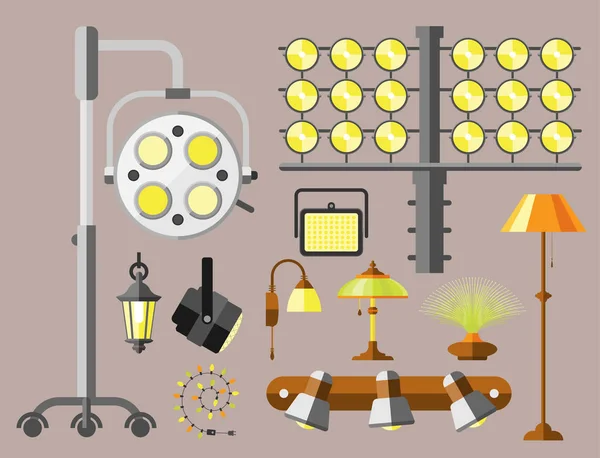 Linterna eléctrica plana ciudad lámpara calle luces urbanas apropiado iluminación tecnología bombilla electricidad vector ilustración . — Archivo Imágenes Vectoriales