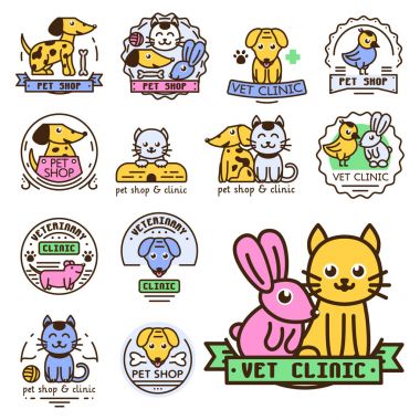 Evde beslenen hayvan rozet vektör grafik etiket kedi köpek veteriner hayvan etiket illüstrasyon iç Insignia ayarla