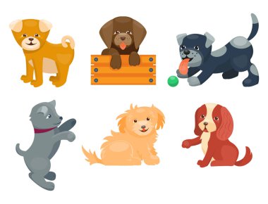 Vektör çizim şirin oynayan karakterler komik safkan köpek komik mutlu memeli cins köpekler