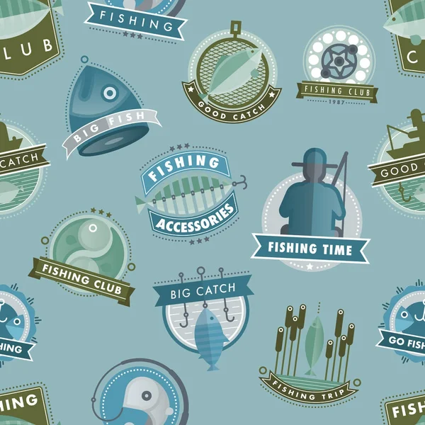 Vector insignias captura de peces club de pesca o tienda pescador logotipo vector ilustración sin costuras patrón de fondo — Archivo Imágenes Vectoriales