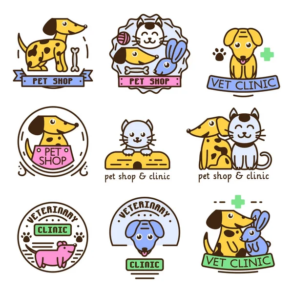 Sällskapsdjur badge vector graphic klistermärke ställa inhemska insignier katt hund veterinärmedicinska djur klistermärke illustration — Stock vektor