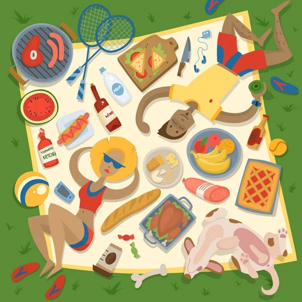 Pareja adulta hombre y mujer en verano picnic barbacoa iconos al aire libre romántico verano picnic comida vector ilustración — Archivo Imágenes Vectoriales