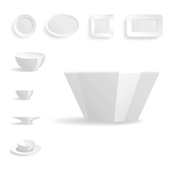 Lempeng putih kosong mengatur templat gambar vektor terisolasi makan malam desain meja kosong bersih - Stok Vektor