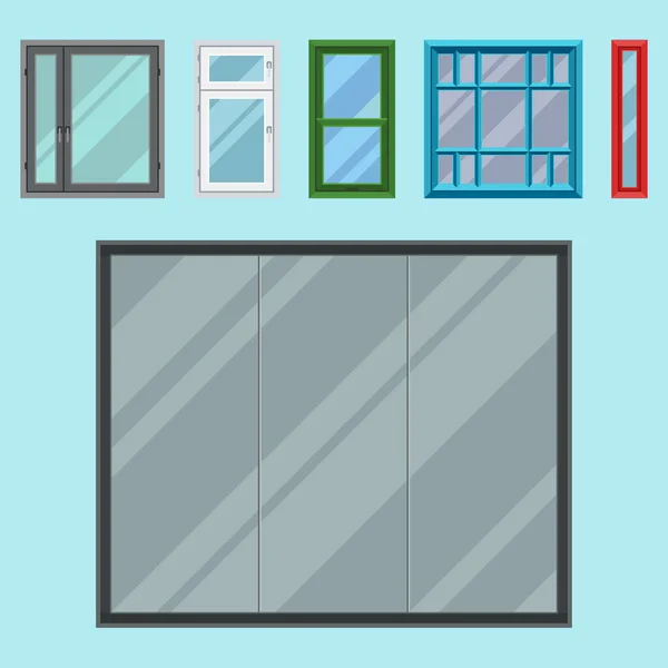 Different types house windows elements flat style frames construction decoration apartment vector illustration. — Stock Vector
