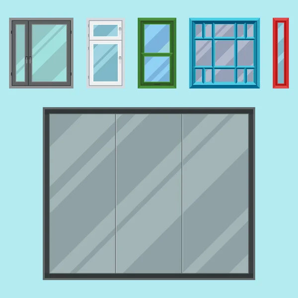 Verschiedene Arten Haus Fenster Elemente flachen Stil Rahmen Bau Dekoration Wohnung Vektor Illustration. — Stockvektor