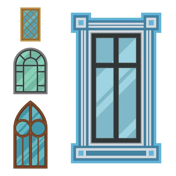 Different types house windows elements flat style frames construction decoration apartment vector illustration. — Stock Vector