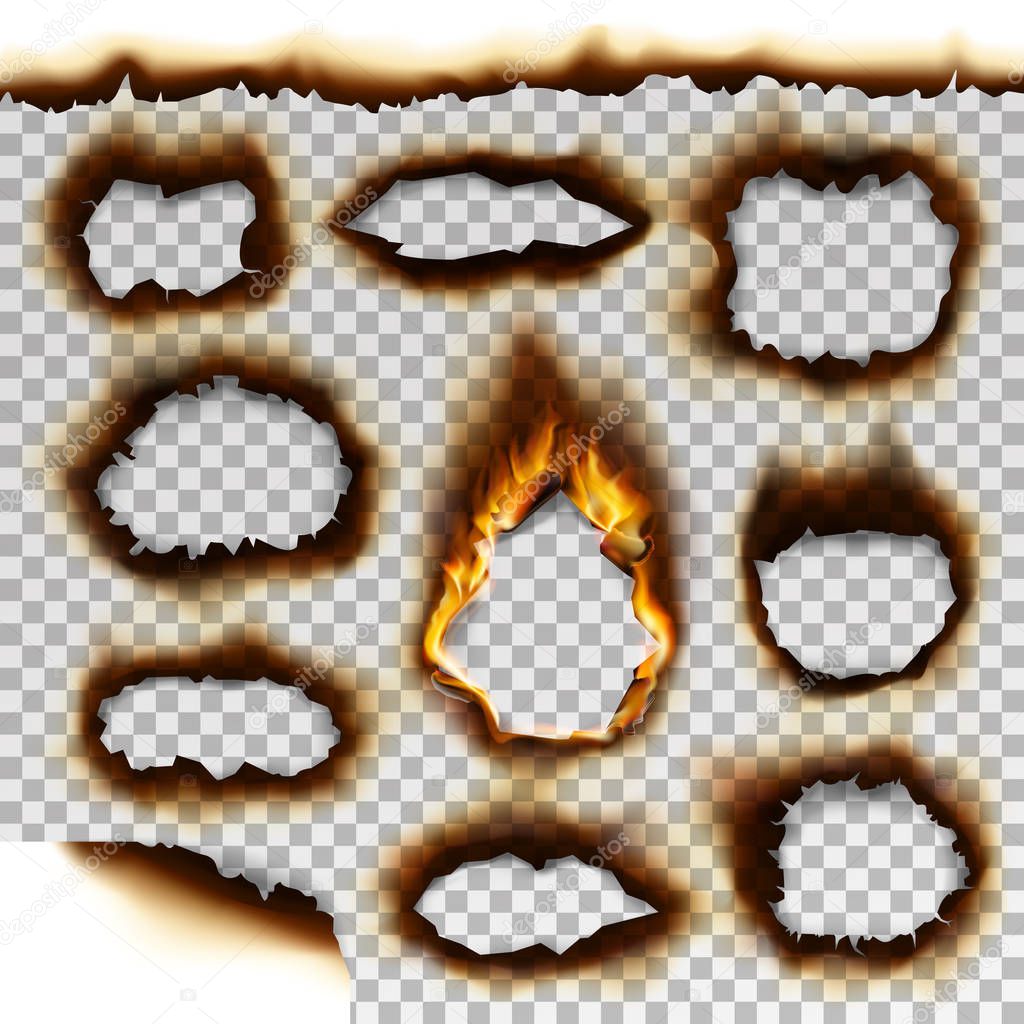 Collection of burnt faded holes piece burned paper realistic fire flame vector illustration