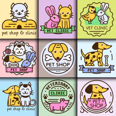 Evde beslenen hayvan rozet vektör grafik etiket kedi köpek veteriner hayvan etiket illüstrasyon iç Insignia ayarla