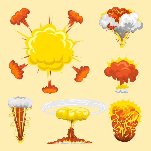 Explosión de dibujos animados efecto boom animación juego hoja de sprite explosión explosión explosión fuego cómico llama vector ilustración . — Vector de stock