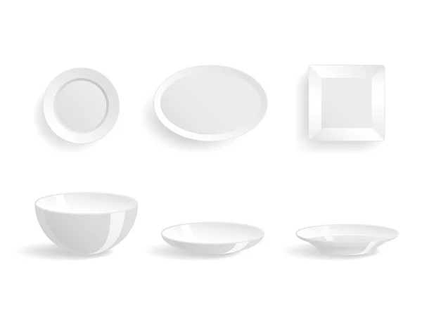 Zestaw pusty biały płytek na białym tle wektor ilustracja szablony obiad projekt puste naczynia czyste — Wektor stockowy