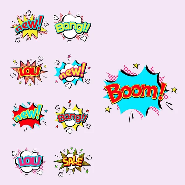 Efekty pop-artu komiks mowy bubble boom wektor wybuch bang komunikacji chmura zabawa humor ilustracja — Wektor stockowy