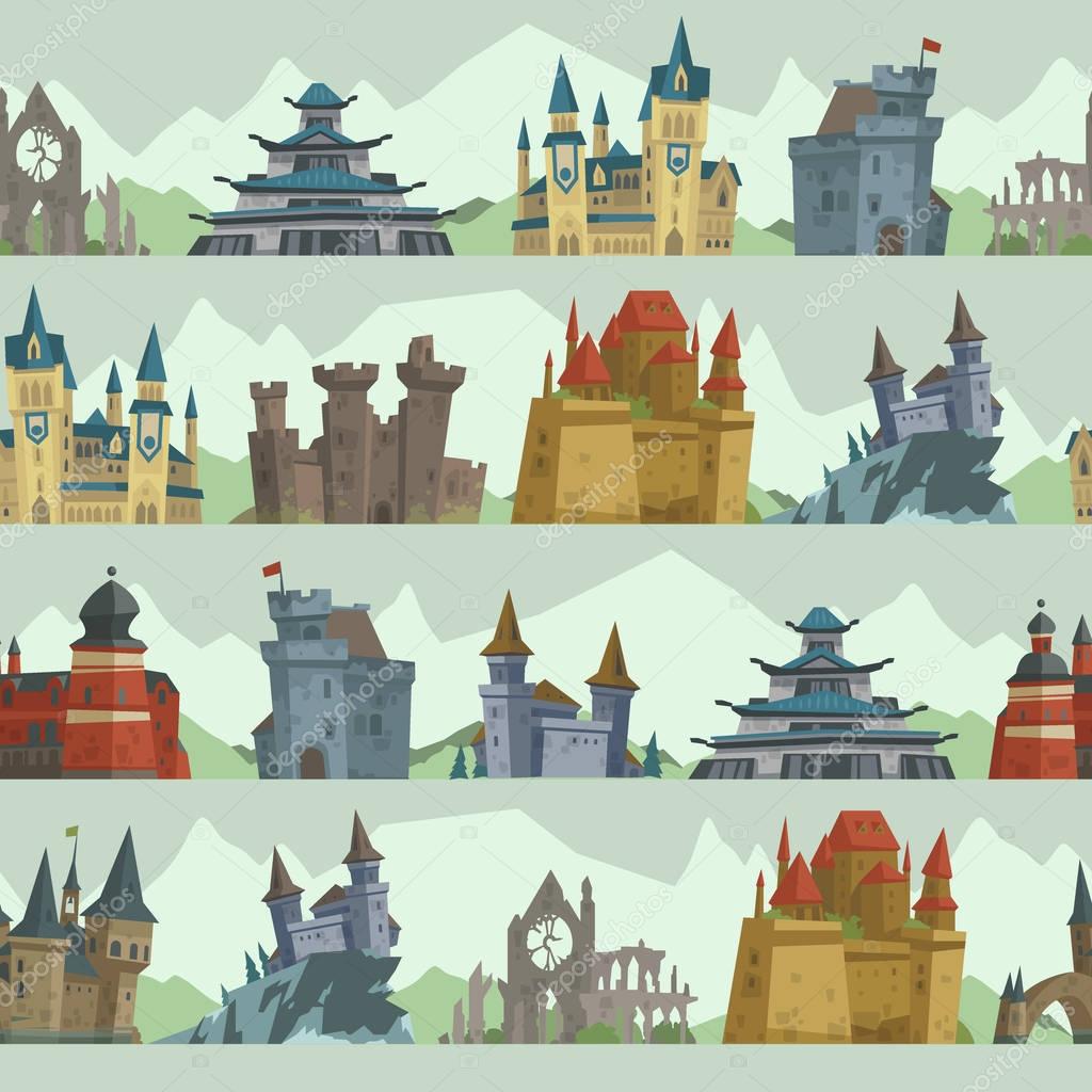 Cartoon fairy tale castle key-stone palace tower architecture building seamless pattern background vector