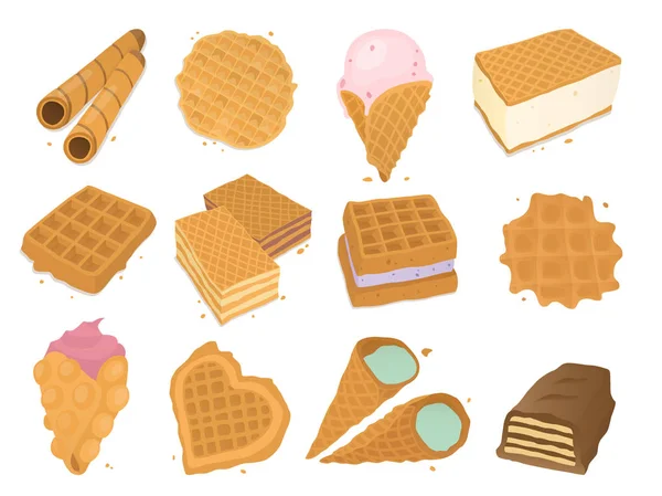 Verschillende wafer cookies wafel cake Gebak cookie biscuit heerlijke snack crème dessert krokant bakkerij voedsel vectorillustratie — Stockvector