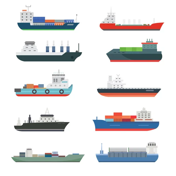 Vrachtschepen en tankers verzending levering bulkcarrier trainen vracht boot tankers geïsoleerde vectorillustratie — Stockvector